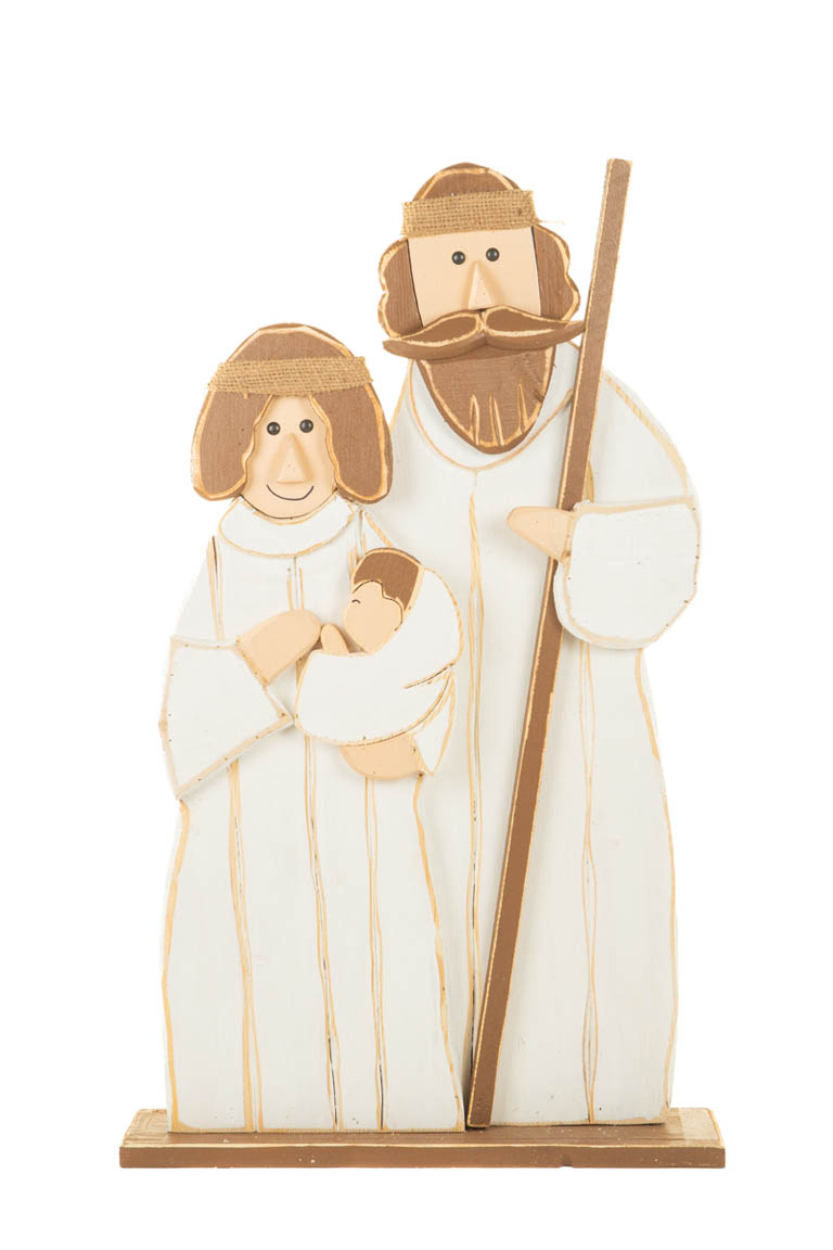 White and Brown Wooden Marble-Like Nativity Ornamentt in White Robes Pastoral Stick