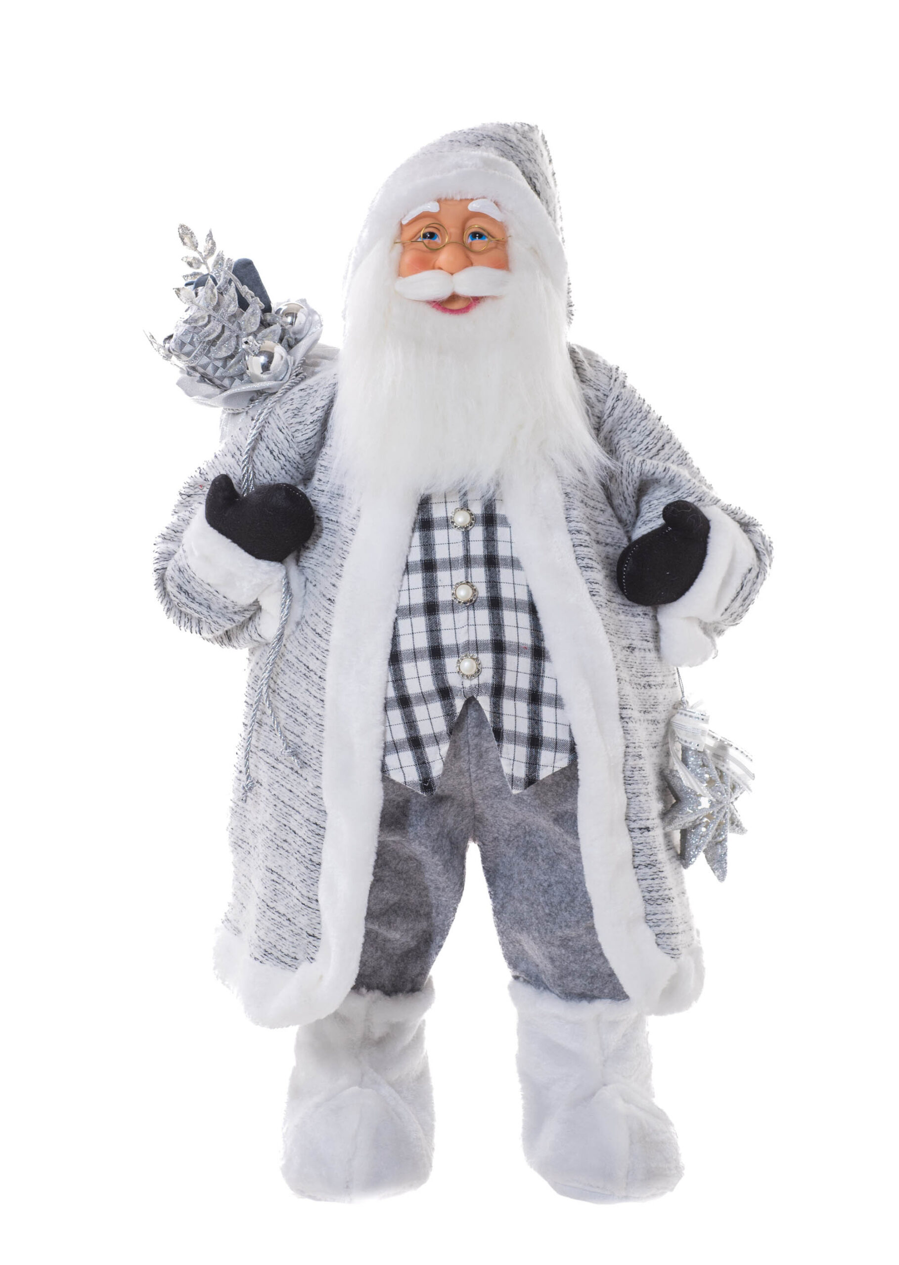 Grey/White Fabric Standing Plump Santa with Harlequin Jacket
