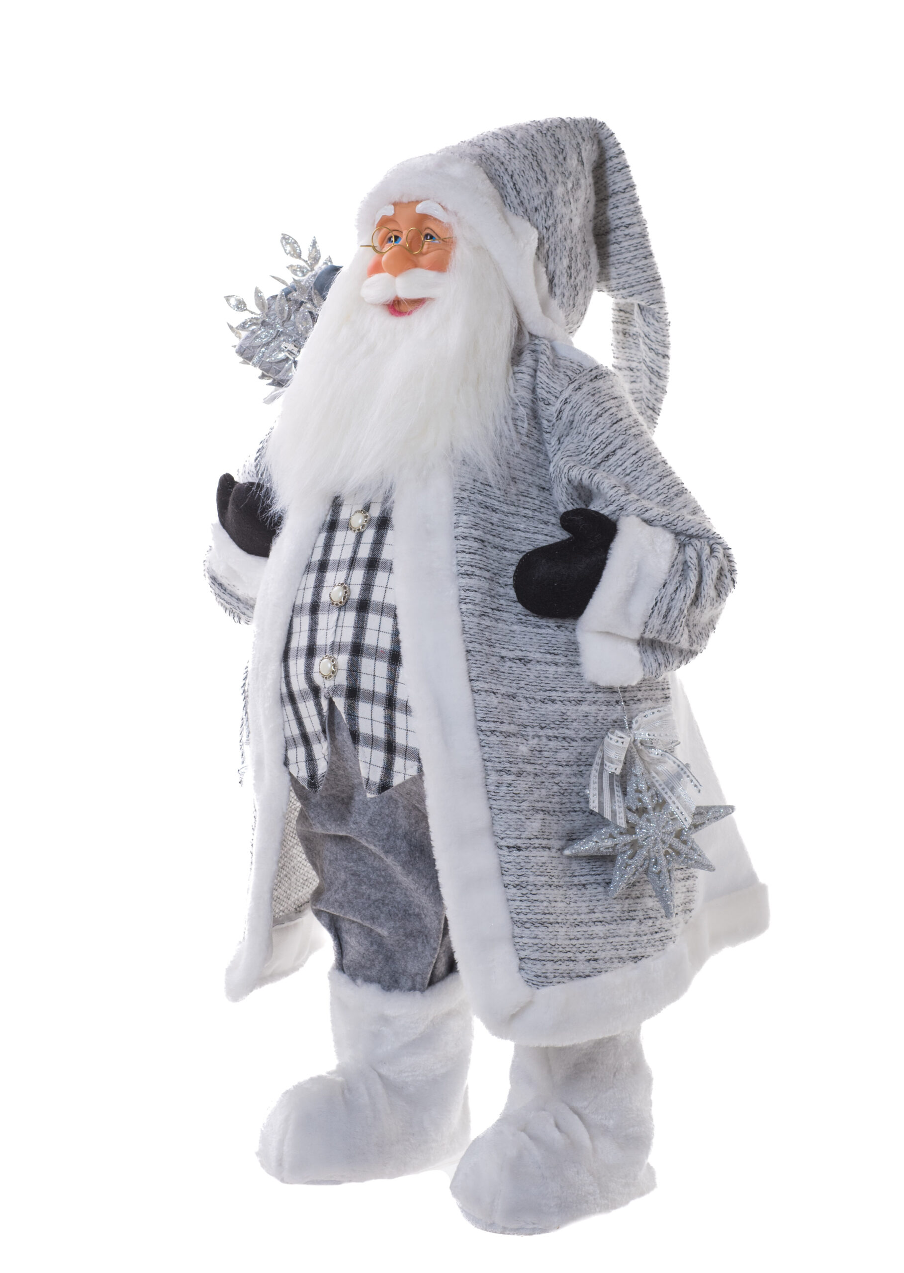 Grey/White Fabric Standing Plump Santa with Harlequin Jacket - Image 3