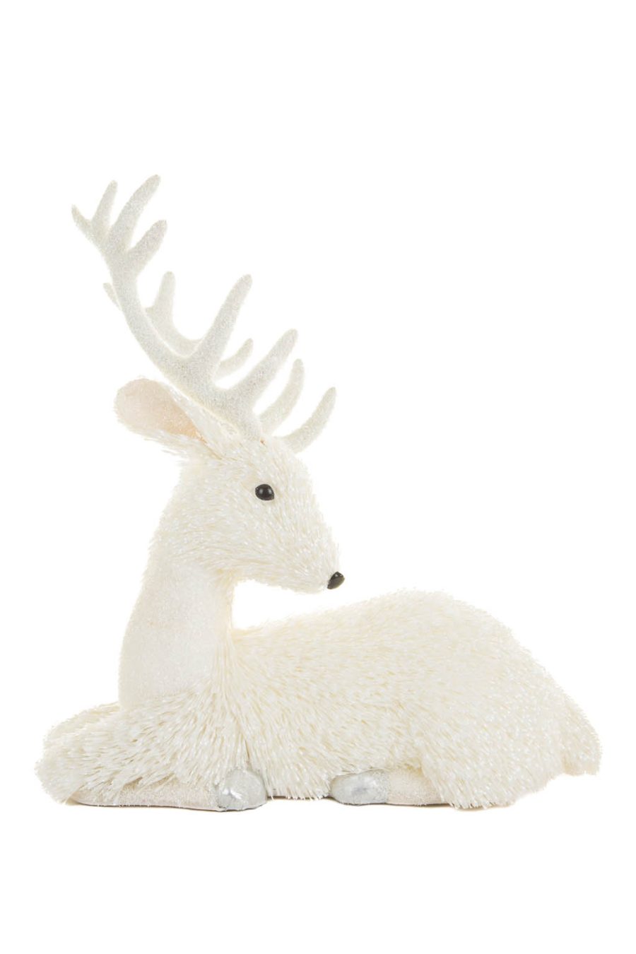 Sitting White Curious Reindeer with Silver Hooves