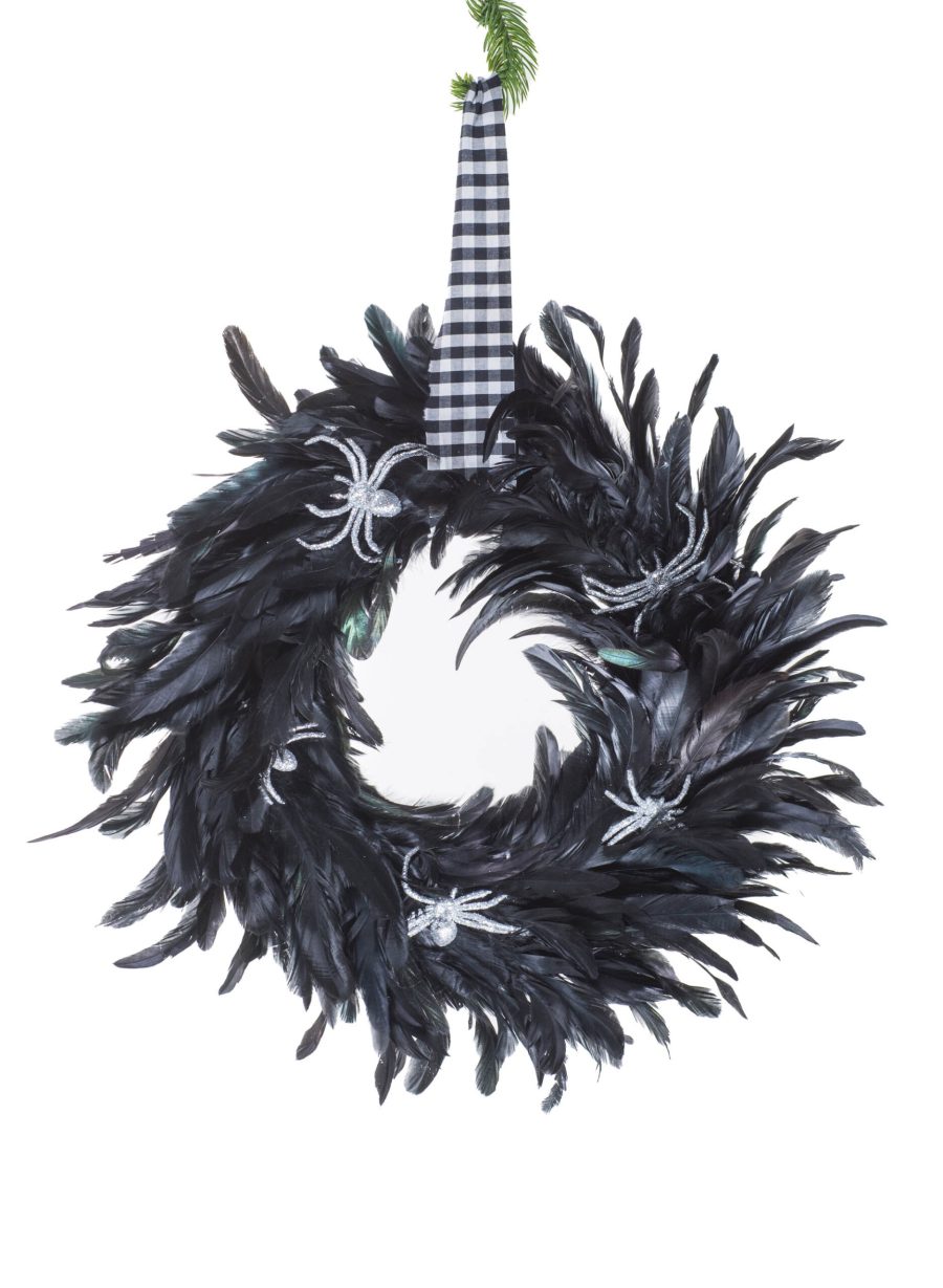 Black Polylon Feathered Wreath with Glittering Silver Spiders