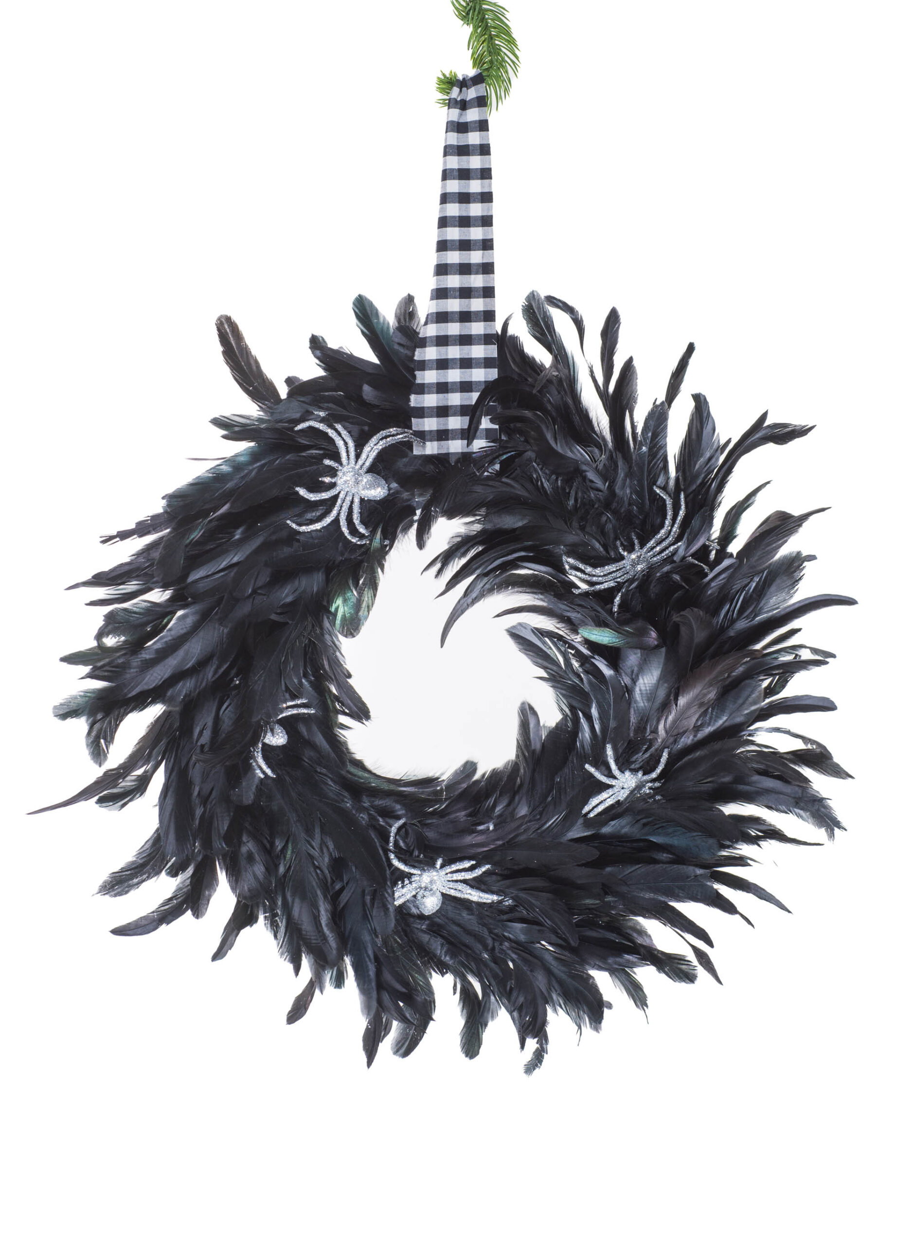 Black Polylon Feathered Wreath with Glittering Silver Spiders