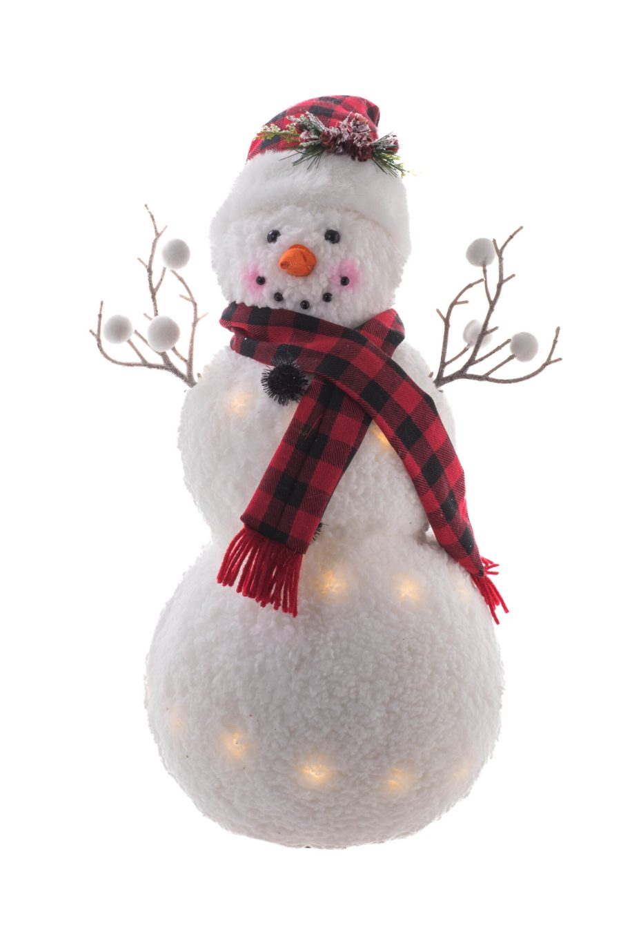 White/Red Fabric Standing Clothed Snowman with Buffalo Plaid Clothing