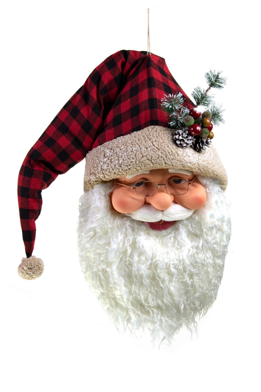 Buffalo Plaid Hanging Large Santa Head