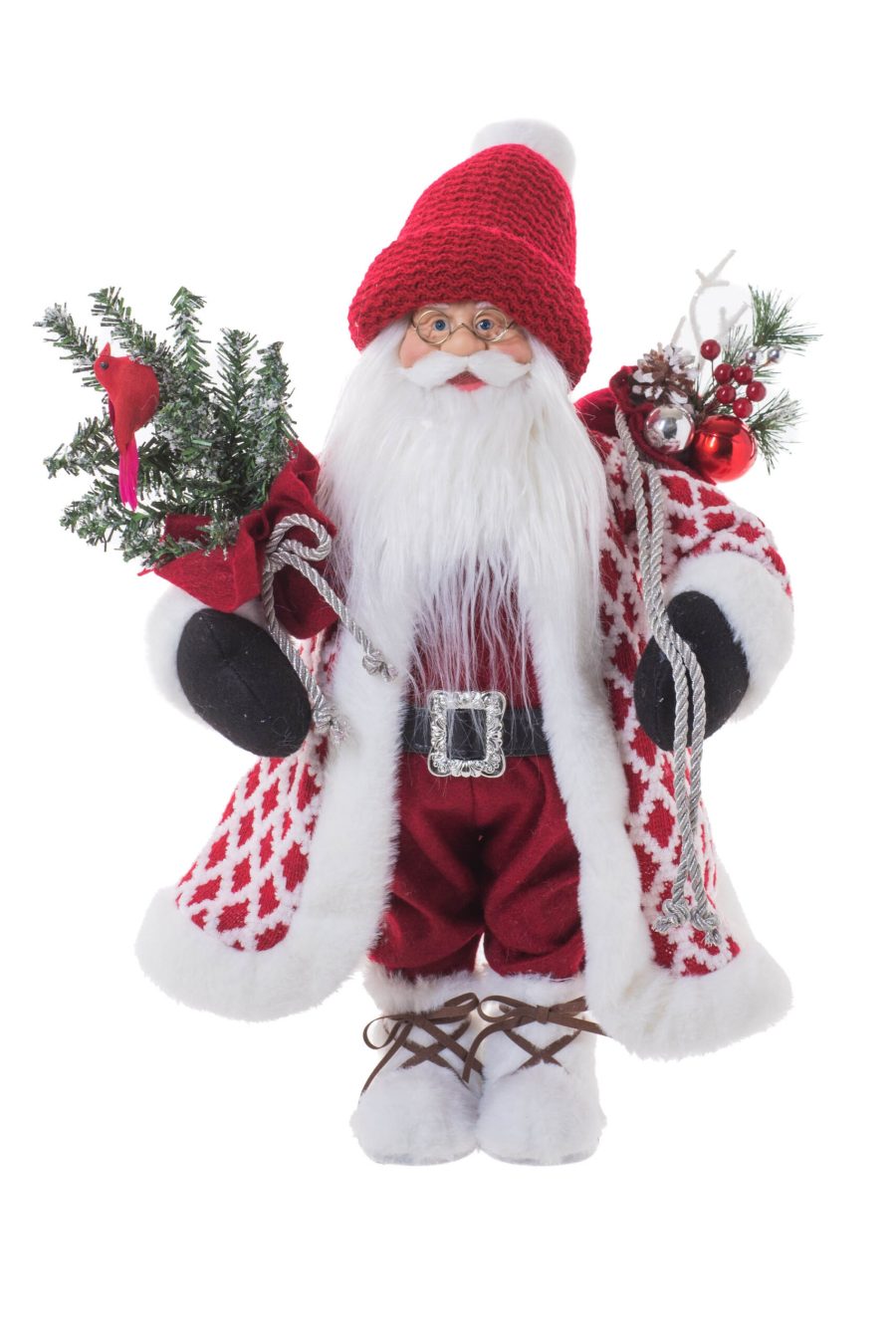 Red/White Fabric Standing Smiling Santa with Medallion Jacket
