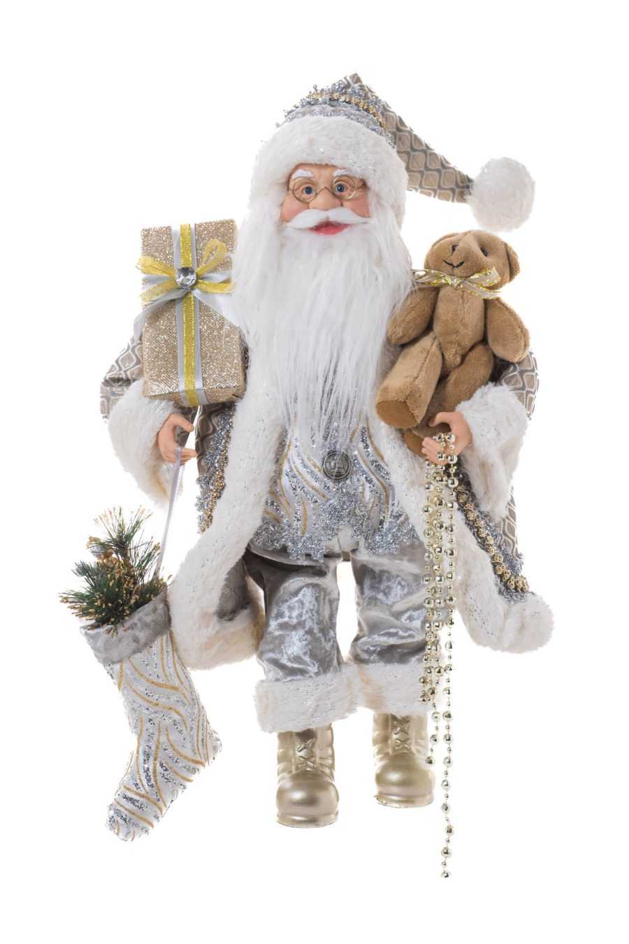 Champagne/White Fabric Standing Dazzled Santa holding Beads
