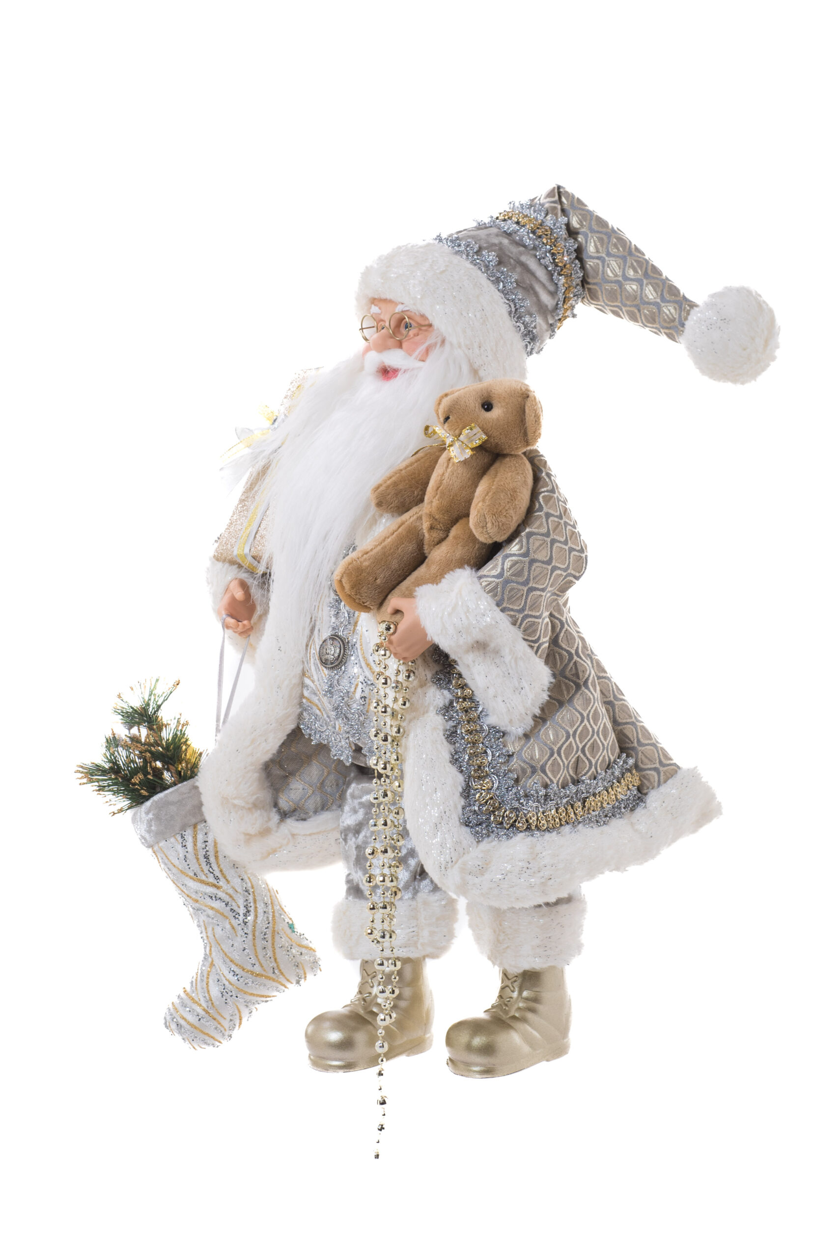 Champagne/White Fabric Standing Dazzled Santa holding Beads - Image 3