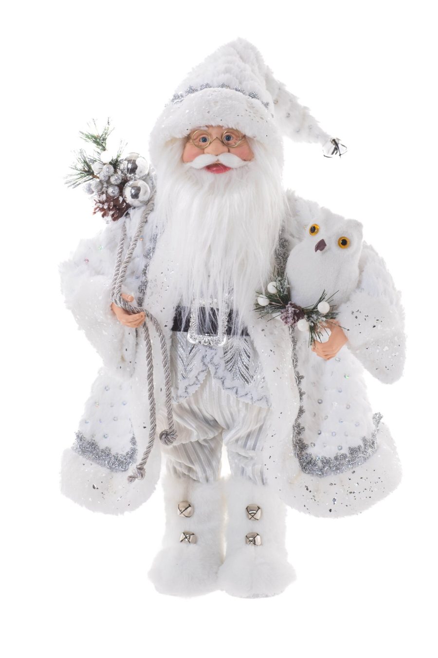 White/Silver Fabric Standing Wintery Santa with Owl Friend