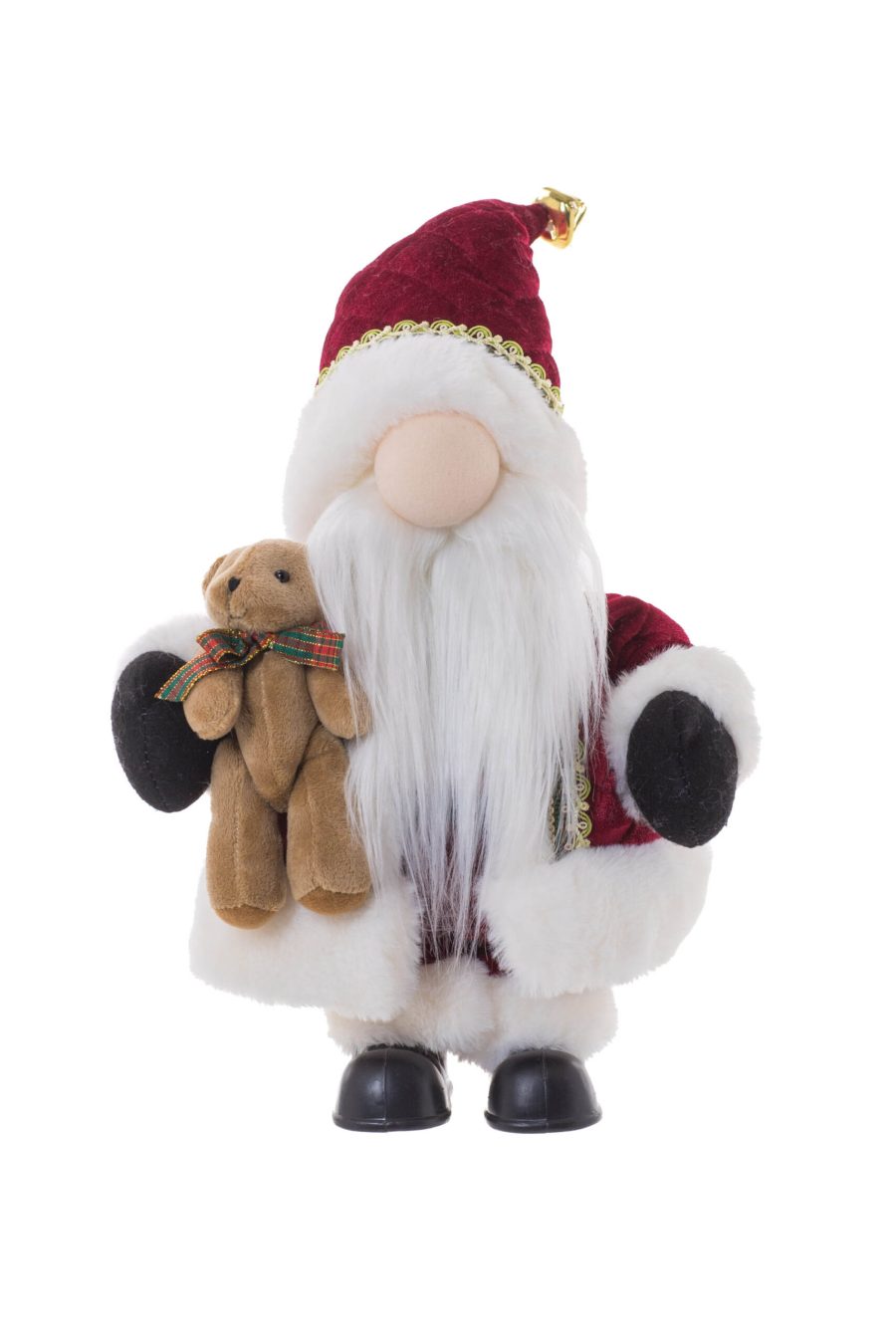 Burgandy/White Fabric Standing Traditional Gnome Santa holding Teddy Bear