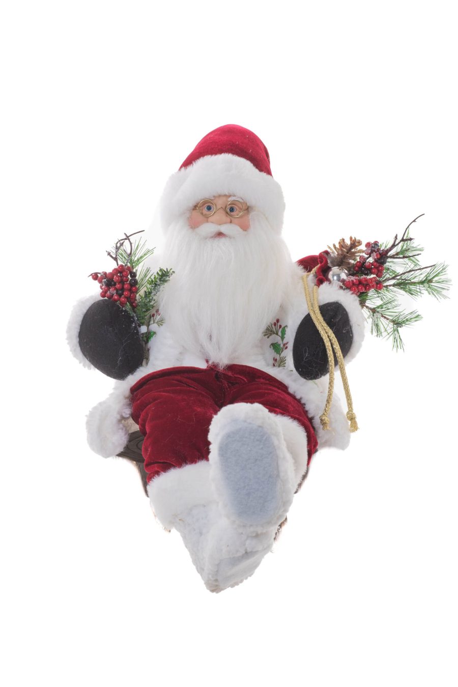 White/Red Fabric Sitting Dazzling Santa holding Present Bag