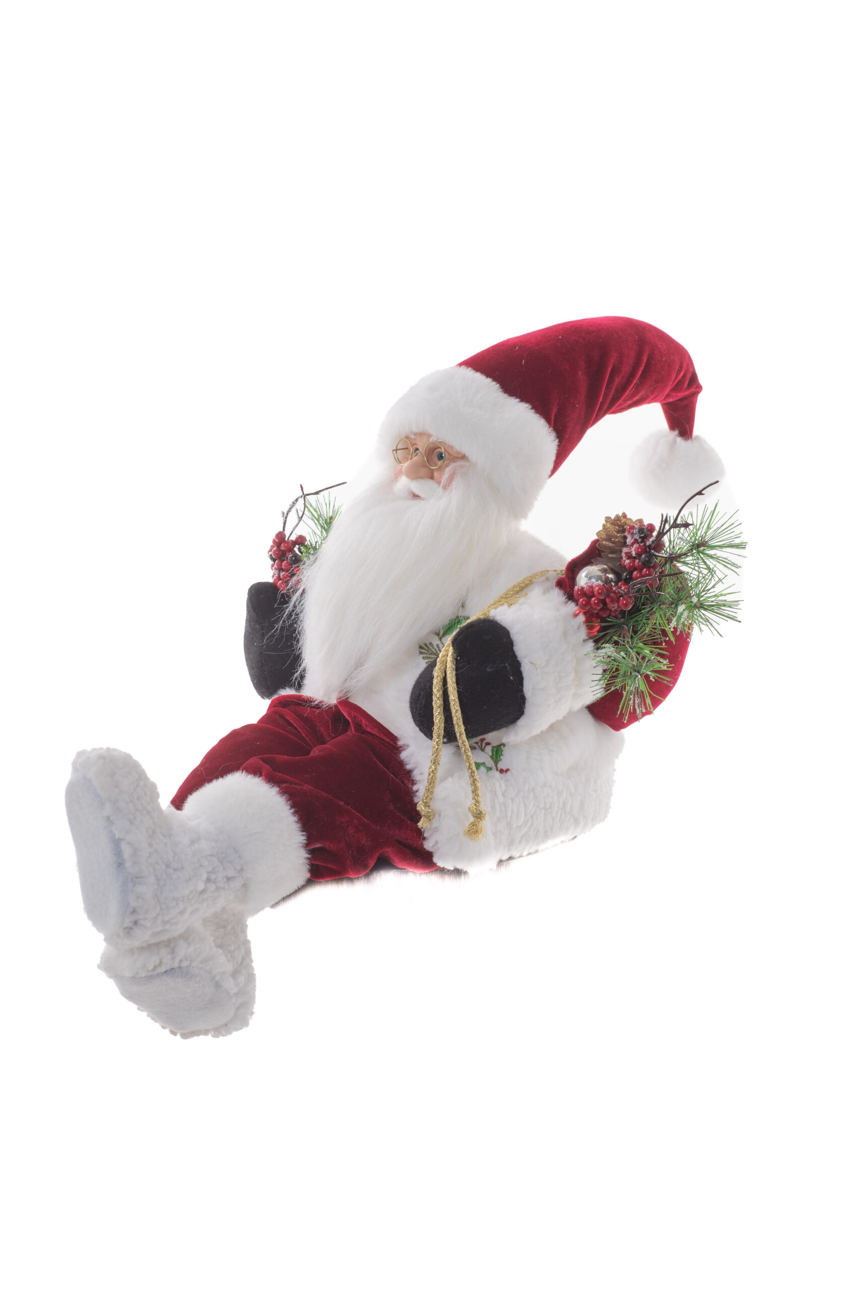 White/Red Fabric Sitting Dazzling Santa holding Present Bag - Image 3