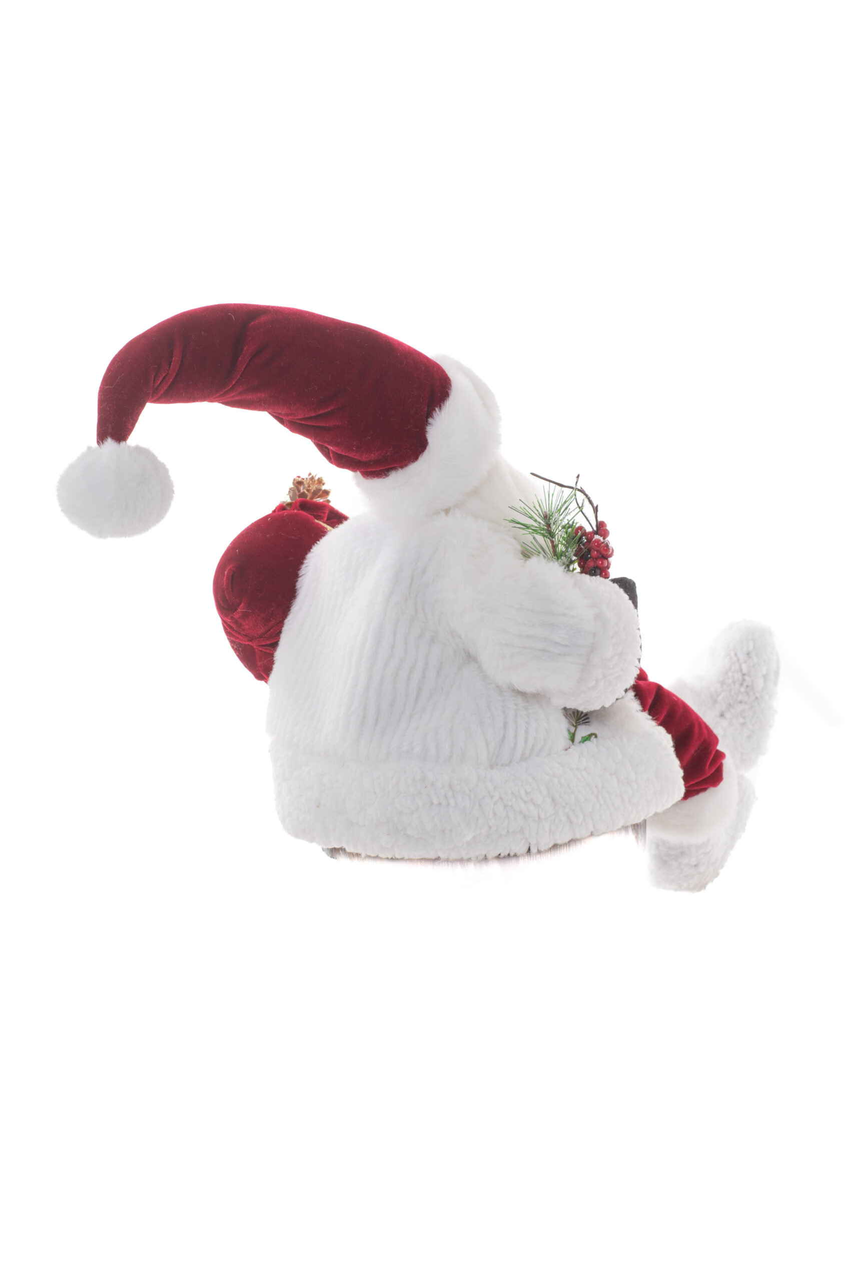 White/Red Fabric Sitting Dazzling Santa holding Present Bag - Image 2