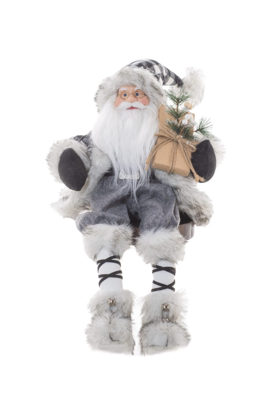 Black Plaid/White Fabric Sitting Dazzling Santa holding Gifts