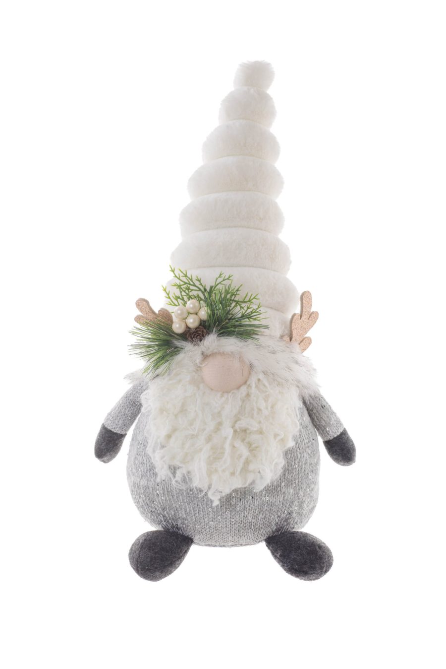 White/Grey Fabric Plump Gnome with Reindeer Horns