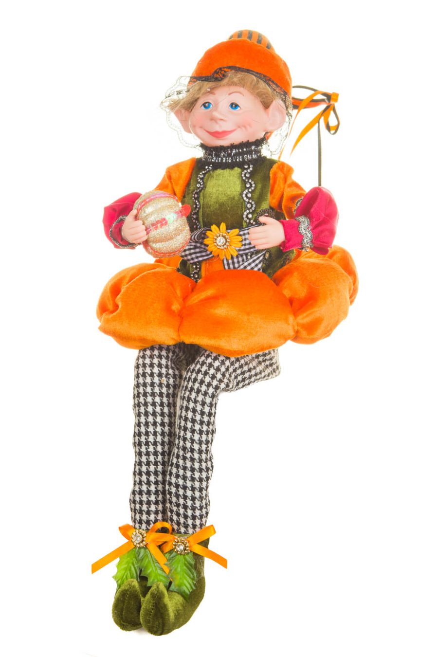 Sitting Orange and Green Velveteen Impish Elf in Pumpkin Motley Suit