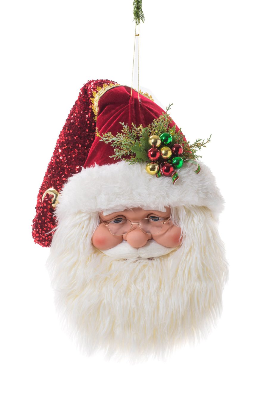 Red/White Fabric Hangable Velvet Santa Head with Ornamental Spray on Hat