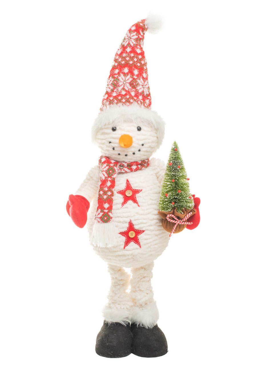 Large White and Red Snowflake Snowman Figure holding a Mini Christmas Tree