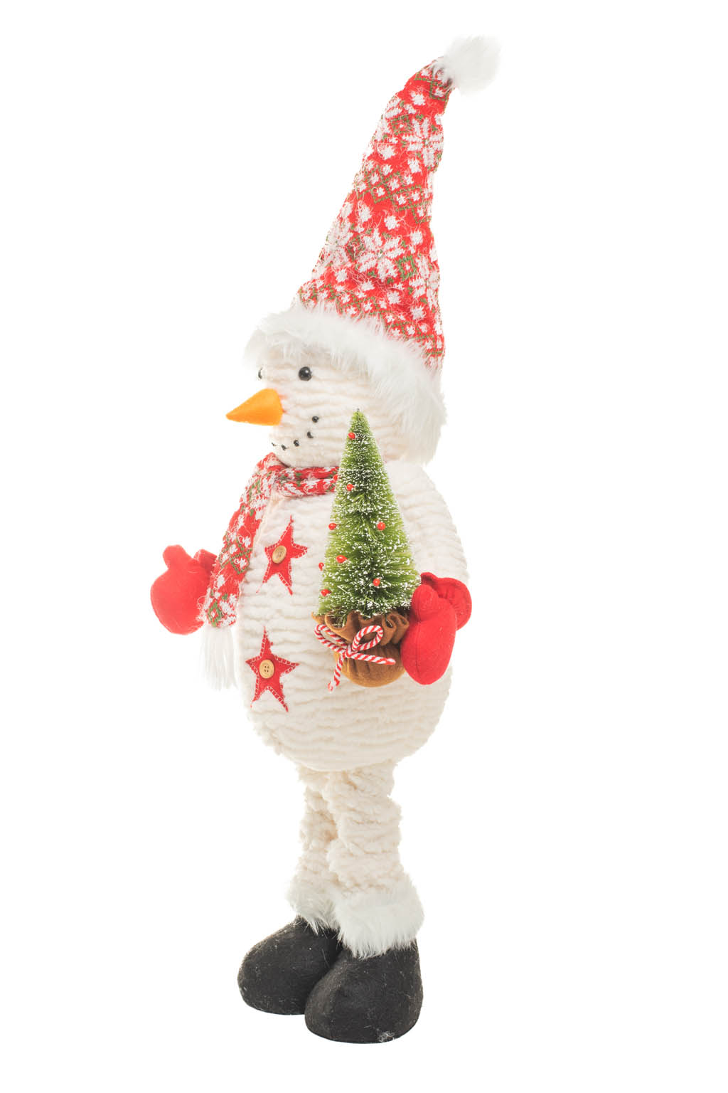 Large White and Red Snowflake Snowman Figure holding a Mini Christmas Tree - Image 2