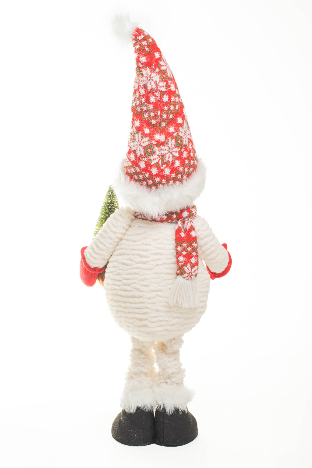 Large White and Red Snowflake Snowman Figure holding a Mini Christmas Tree - Image 3
