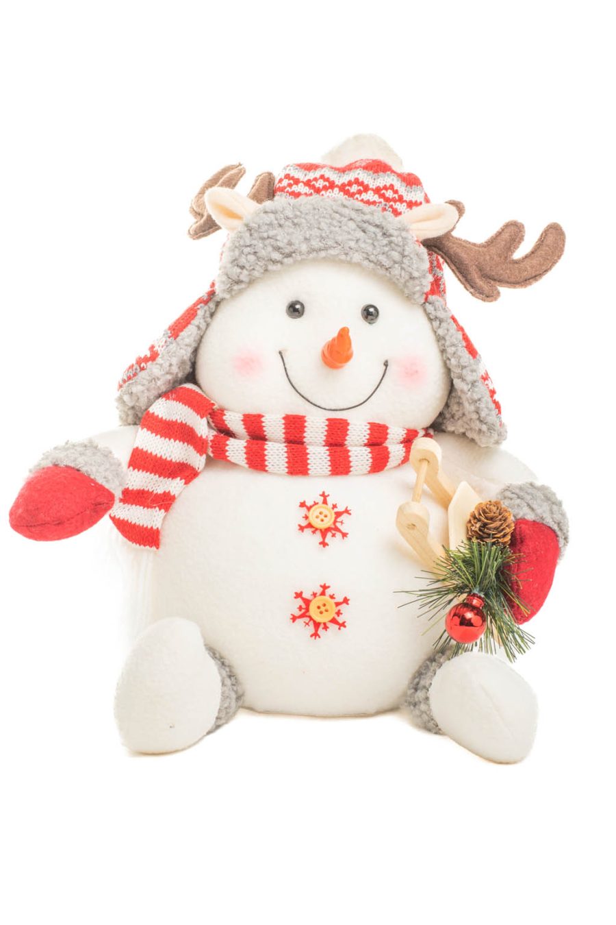 Sitting White and Red Striped Deer-Fan Snowman holding a Sleigh