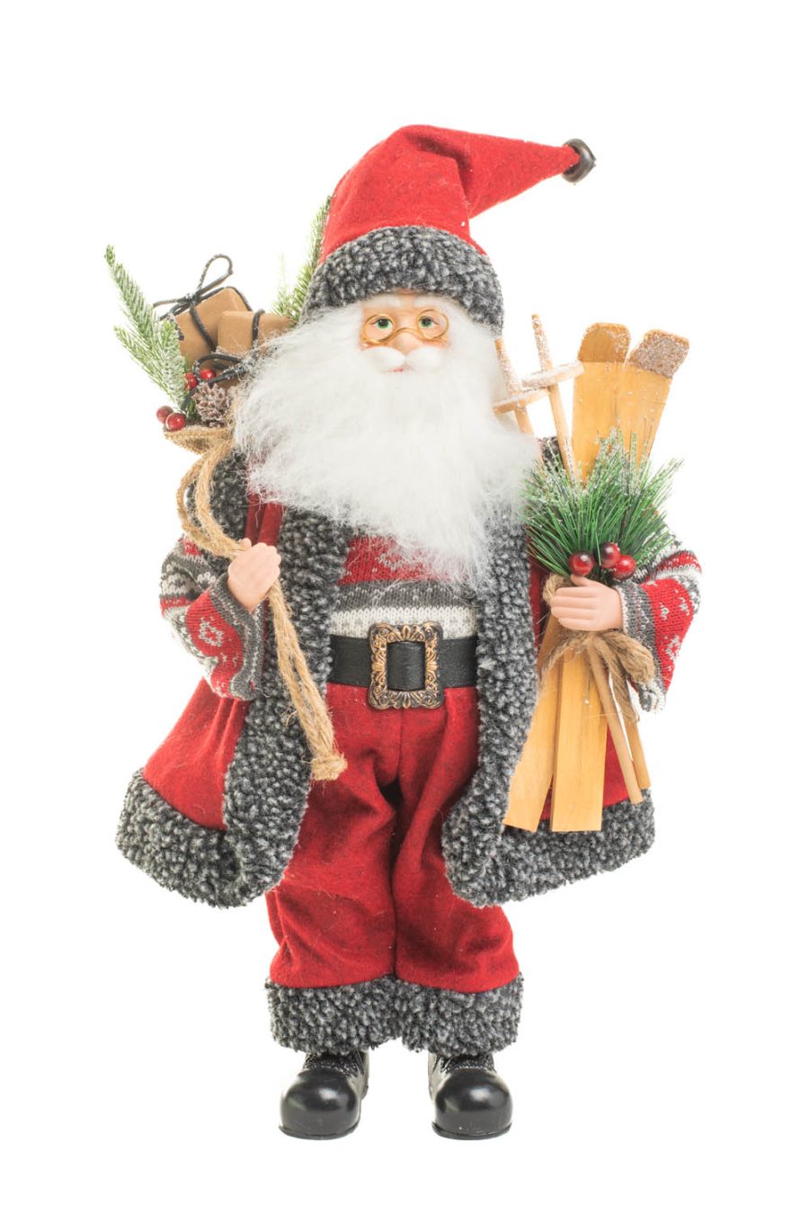 Red and Dark Gray Flocked Nordic Santa holding a Full Gift Sack and Skiis