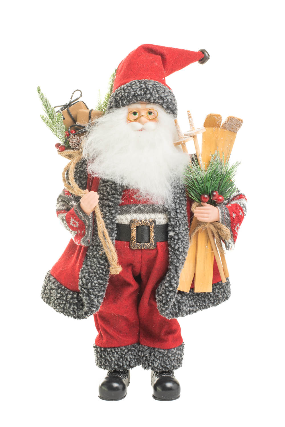 Red and Dark Gray Flocked Nordic Santa holding a Full Gift Sack and Skiis