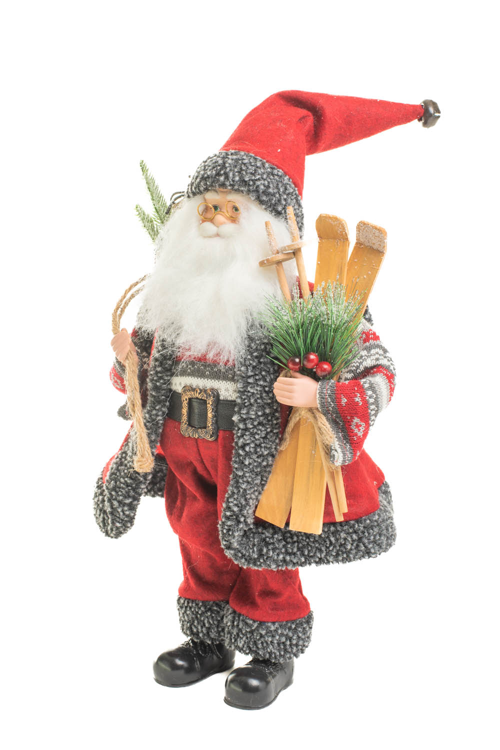 Red and Dark Gray Flocked Nordic Santa holding a Full Gift Sack and Skiis - Image 2