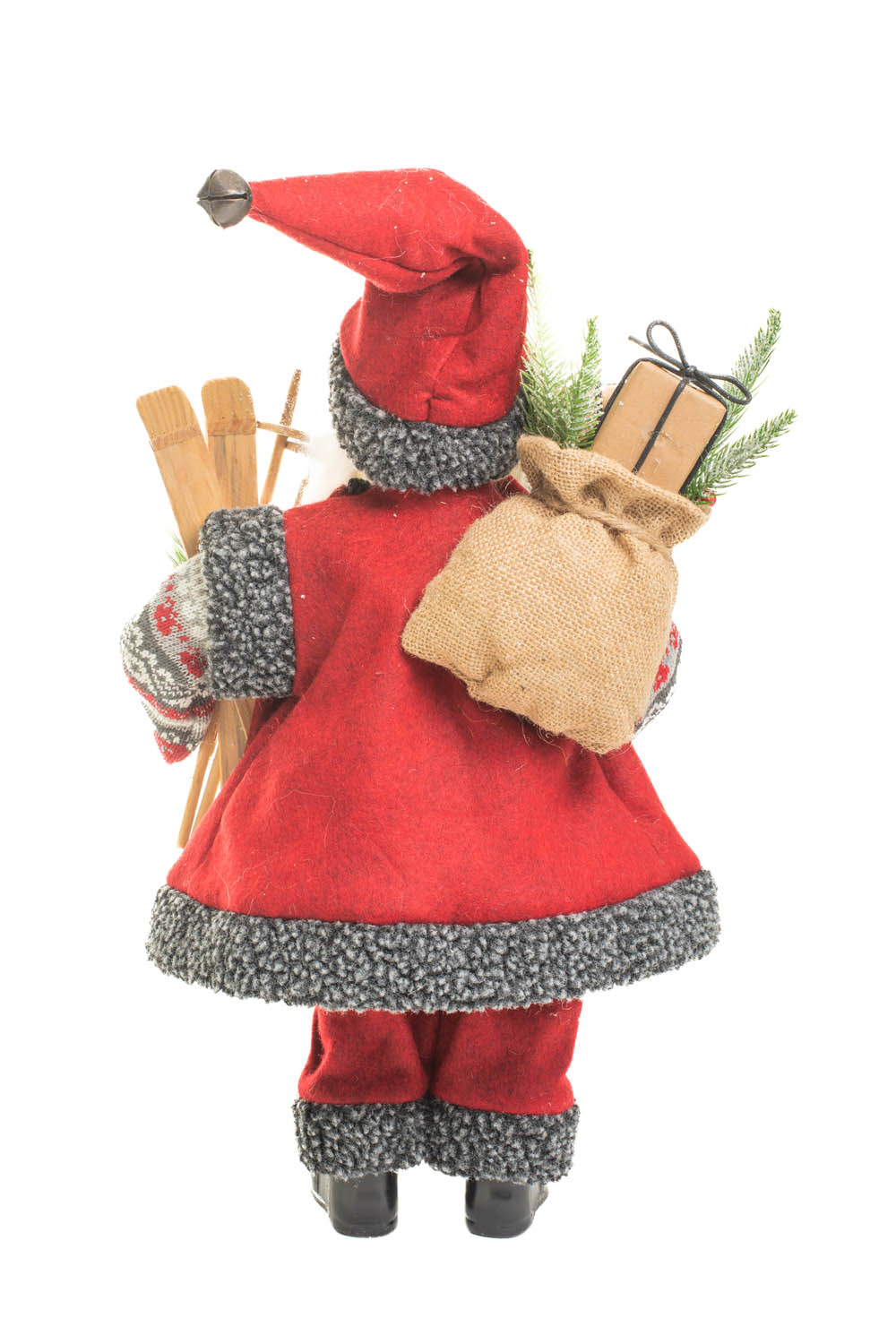 Red and Dark Gray Flocked Nordic Santa holding a Full Gift Sack and Skiis - Image 3