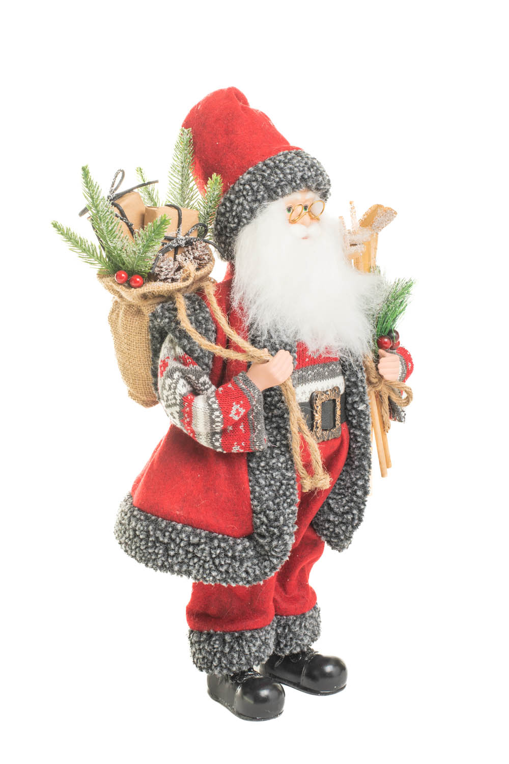Red and Dark Gray Flocked Nordic Santa holding a Full Gift Sack and Skiis - Image 4