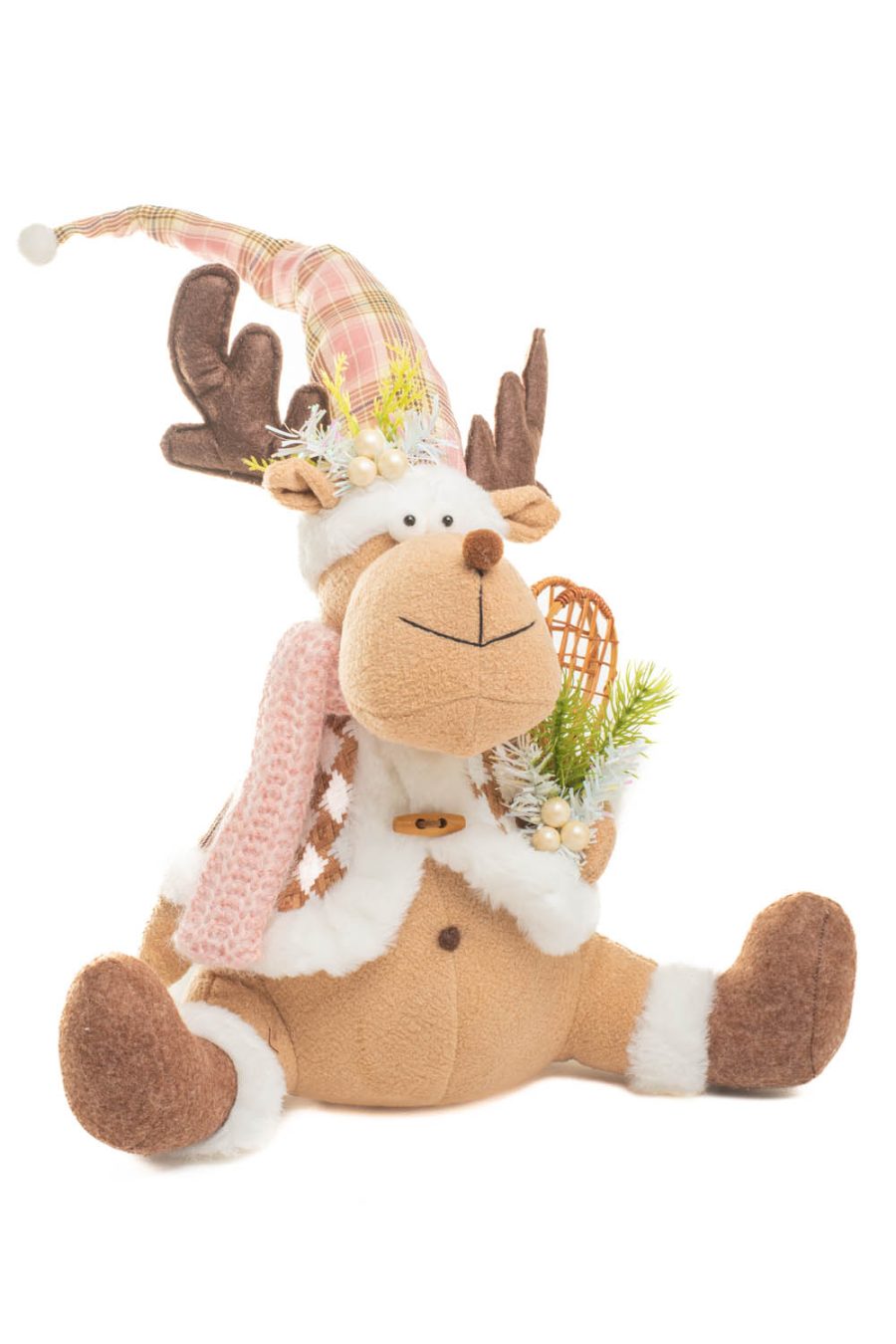 Sitting Brown and Pink Checkered Cozy Christmas Moose in Knitted Sweater