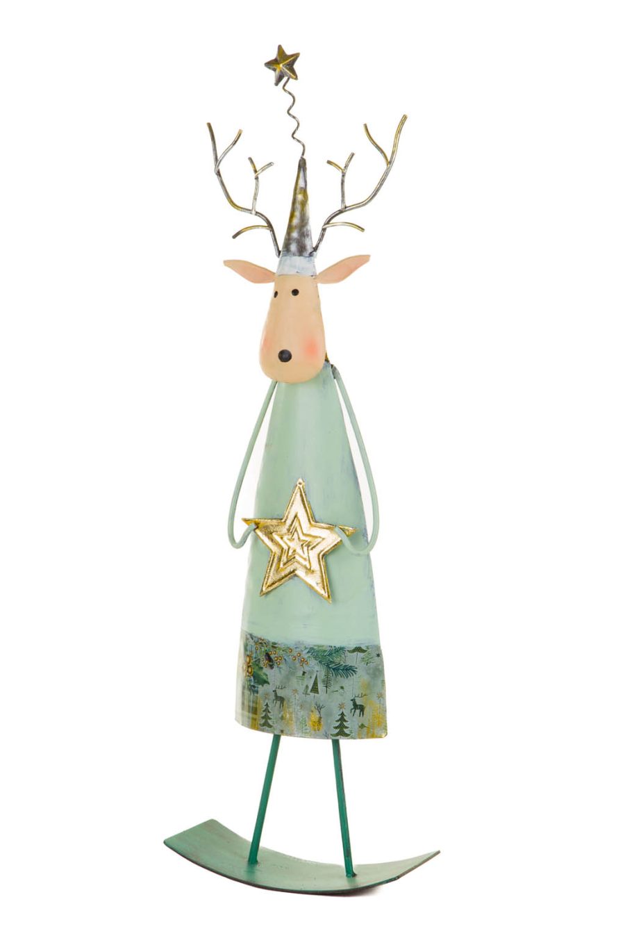 Teal and Gold Metallic Handmade Swaying Reindeer with Gold Accents