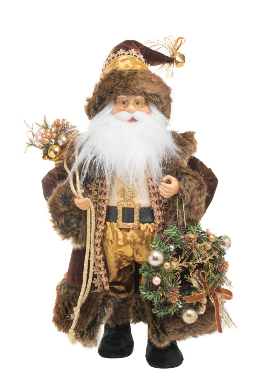 Brown and Gold Russian Santa holding Gift Bag