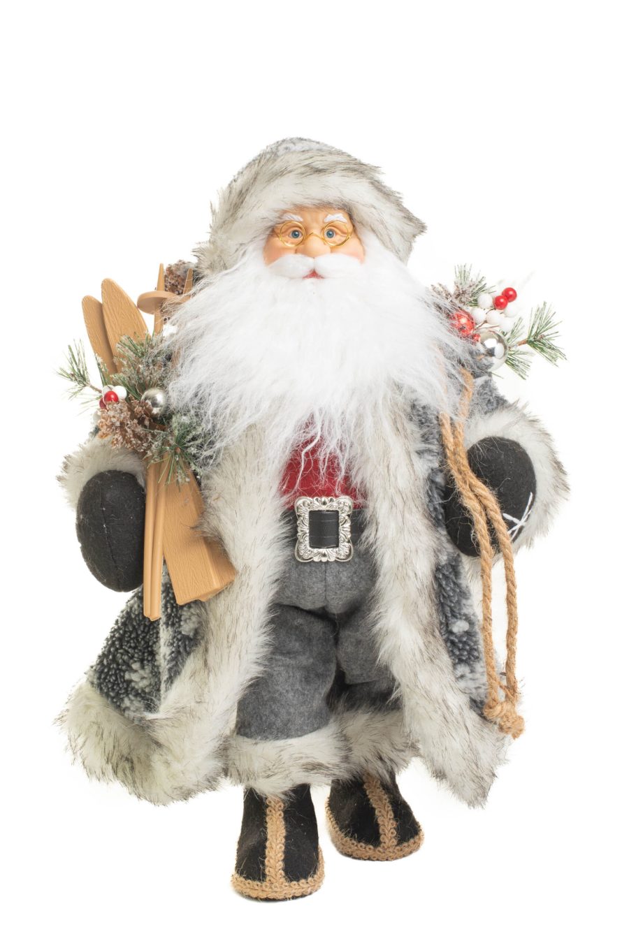 Gray and White Nordic Santa holding Gift Sack and Skiis