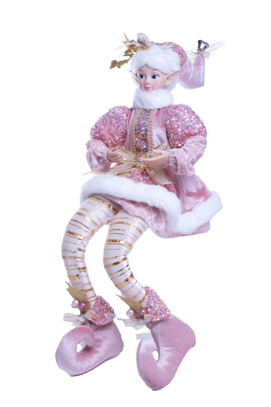 Sitting Pink and White Sequin Elizabethan Elf with Spray on Beanie