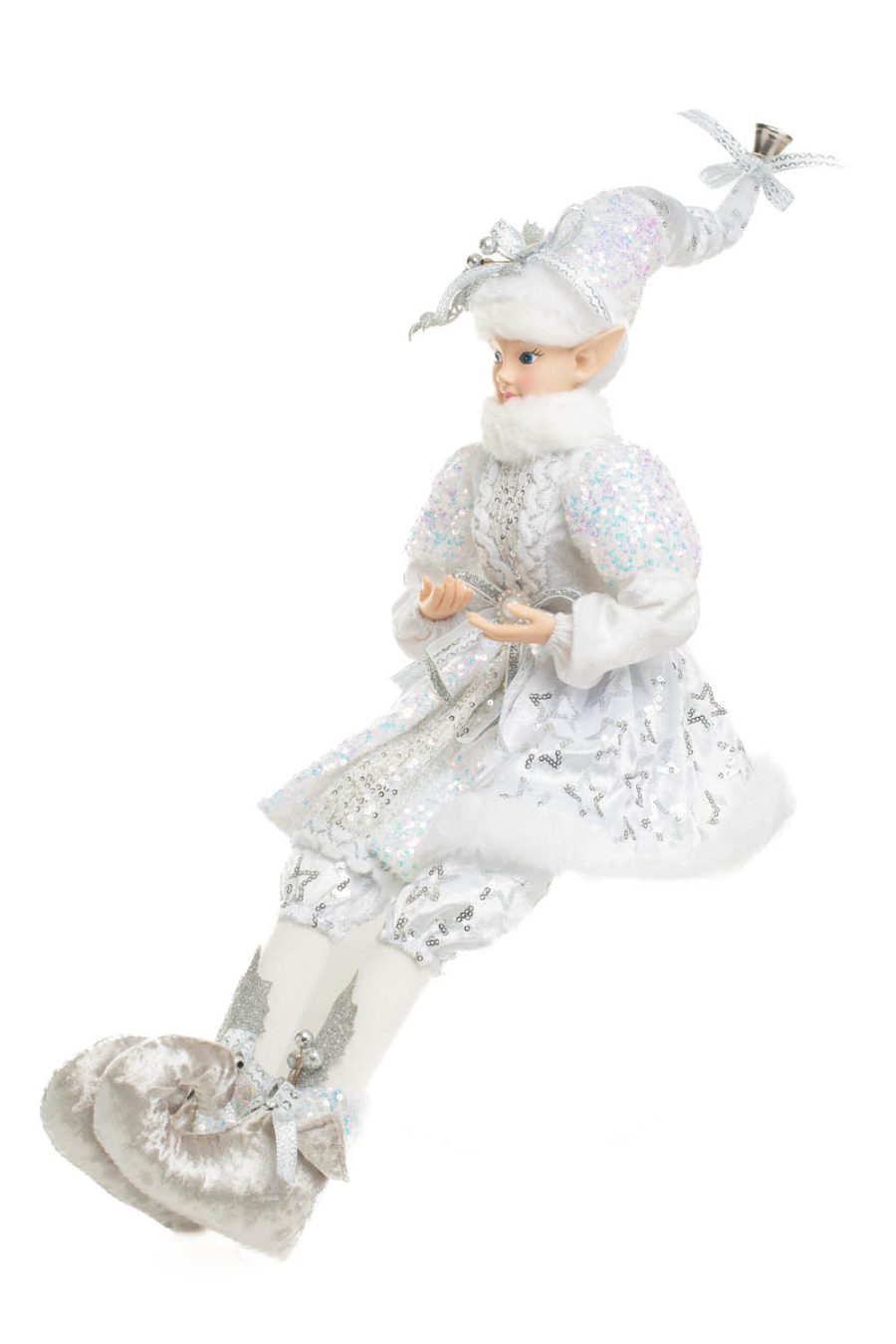 Sitting Silver and White Sequin Elizabethan Elf with Spray on Beanie
