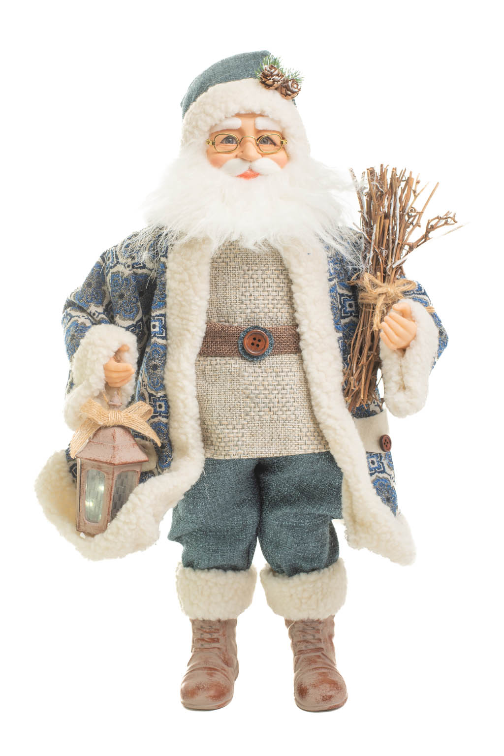 Navy and Ashen Flocked Nordic Santa holding a Lantern and a Bundle Of Firewood