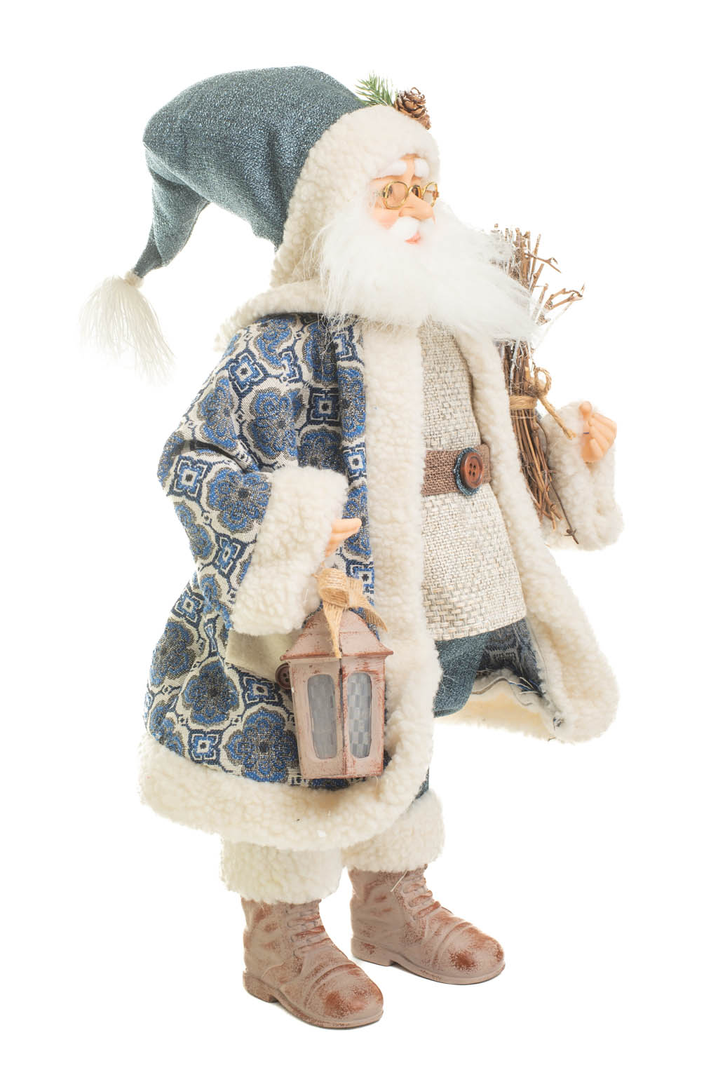 Navy and Ashen Flocked Nordic Santa holding a Lantern and a Bundle Of Firewood - Image 4