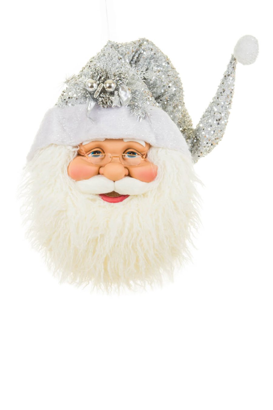 Large Hanging Silver and White Cherubic Santa Clause Head with Shiny Sprayed Hat