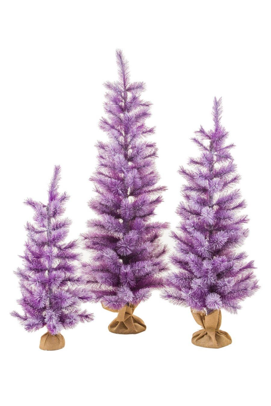 Purple Frosty Christmas Trees with Burlap Wrapped Base ,  Set Of 3