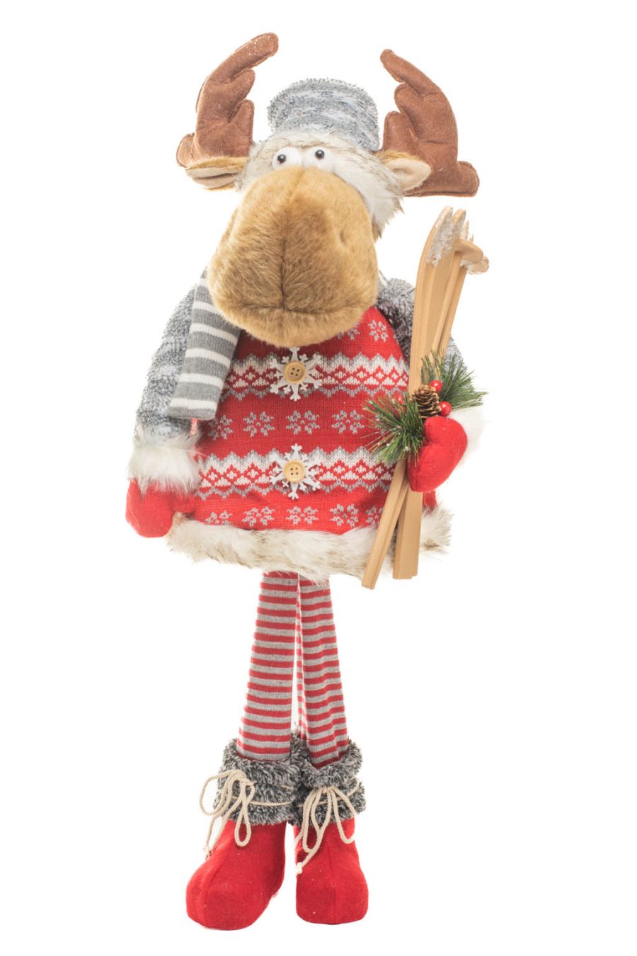 Red and Gray Flocked Christmas Tree Moose in a Sweater holding Skiis