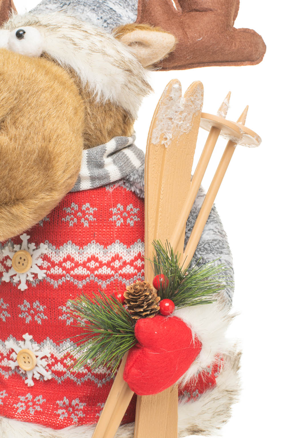 Red and Gray Flocked Christmas Tree Moose in a Sweater holding Skiis - Image 4
