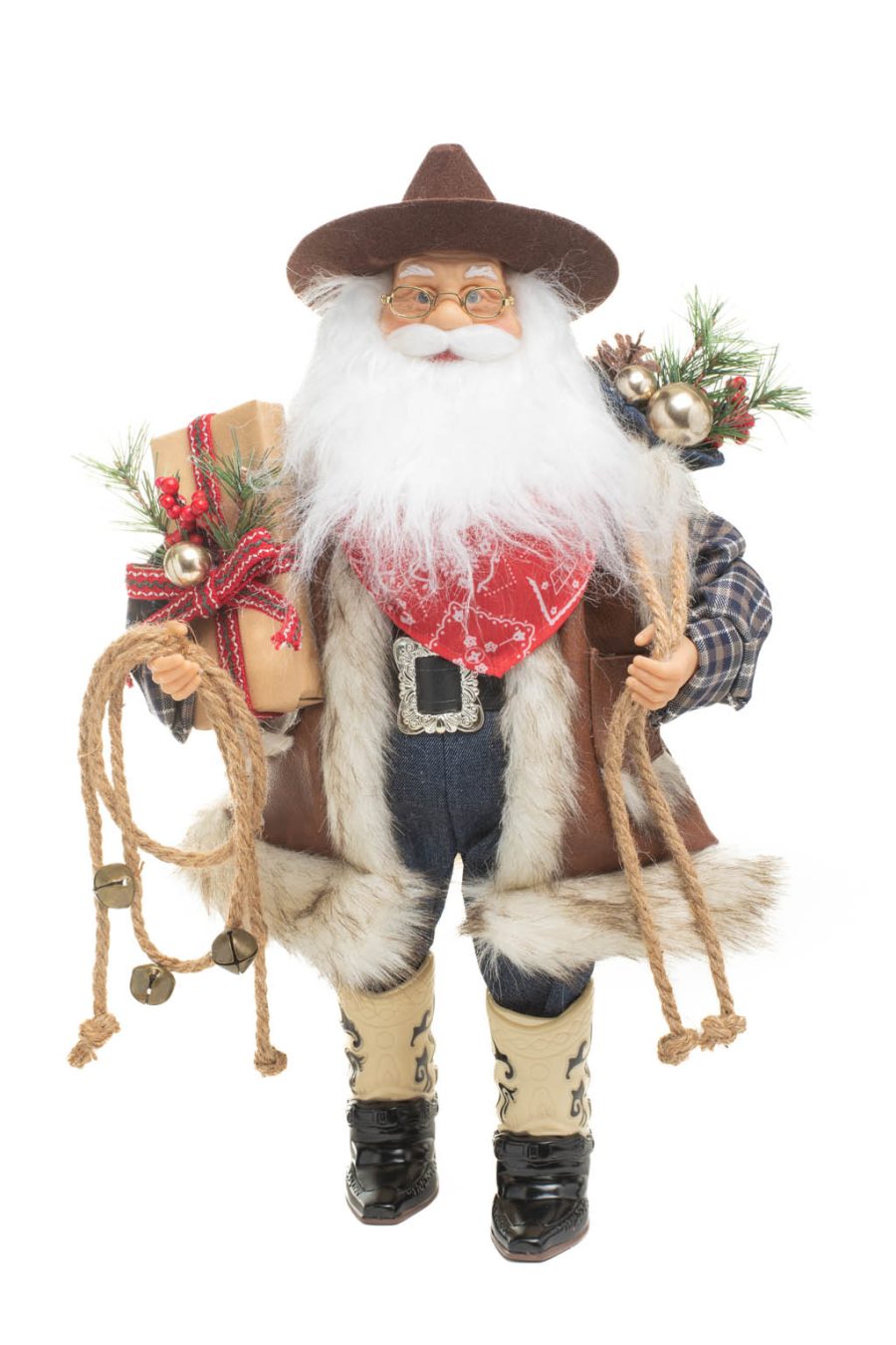 Brown and Blue Plaid Western Santa with Wool Fedora and Gift Bag