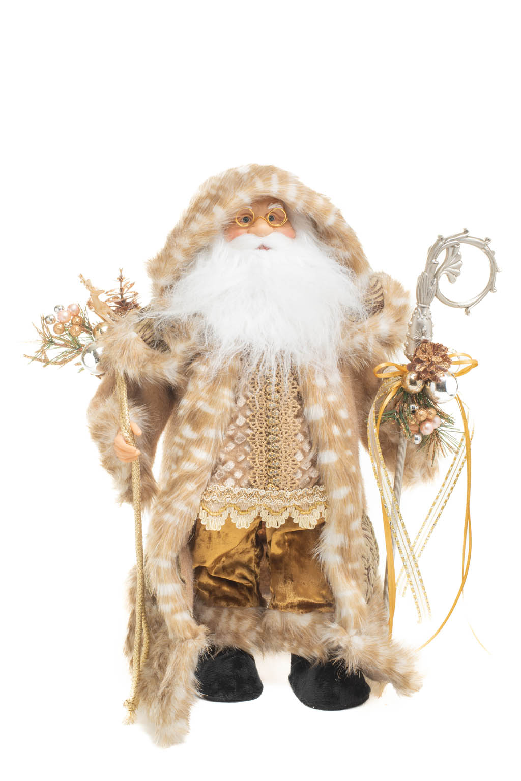 Beige and Gold Nordic Santa holding a Scepter and Gift Bag
