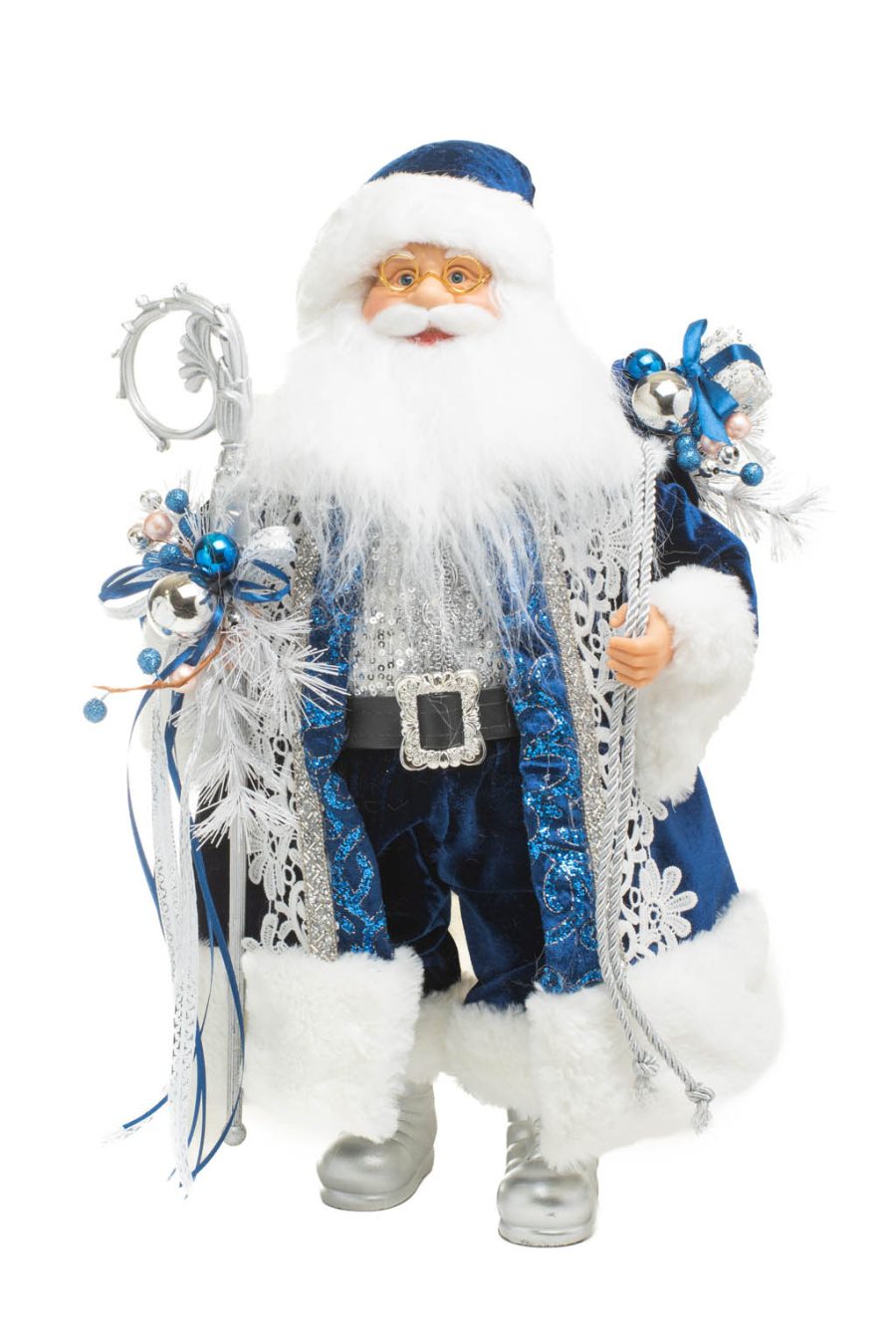 Blue and White Nordic Santa holding a Scepter and Gift Bag